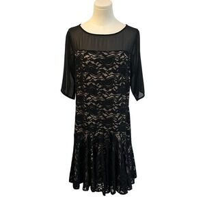 Vintage Black Lace Drop Waist Flounce Dress Mesh Sleeves Gatsbycore Size 16